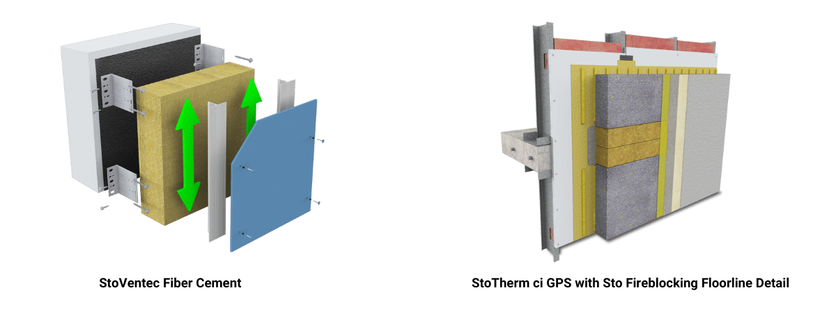 StoVentec Fiber Cement Model and StoTherm ci GPS with Sto Fireblocking floorline detail